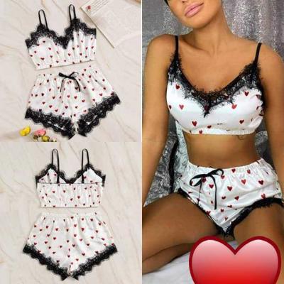 China QUICK DRY Summer Women's Two Piece Lace Eyelash Sleepwear Heart Camisole Tube Top Shorts Set Silk Satin Pajamas Set for sale