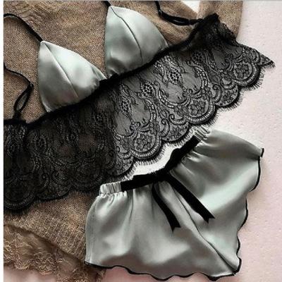 China Polyetser Triangle Cup Women Lingerie Lace Up Elastic Waist Lenceria Mujer 2 Pieces Pajama Shorts Set Ladies Satin Silk Sleepwear for sale