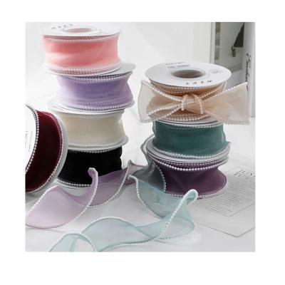 China Gift Box Wavy Hand Held Silk Cake Ribbon Flower Cuff Fishtail Pearl Baking Ribbon for sale