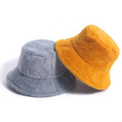 China Custom Made Picture Women Faux Fur Winter Sunscreen Solid Artificial Lady Bucket Hat Cap for sale