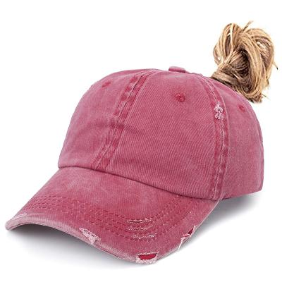 China COMMON 6 Panel Hat Women Custom High Quality Vintage Washed High Cotton Distressed Ponytail Baseball Cap Pony Tail Hats for sale