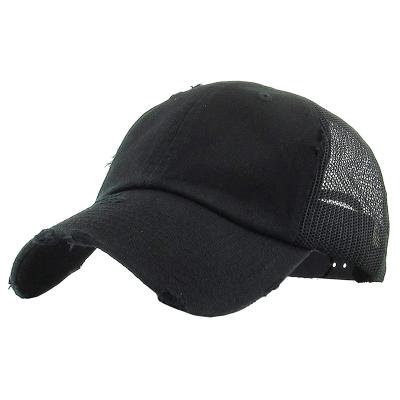 China COMMON Black Cotton Washed Dad Hat 6 Panel Black Distressed Mesh Trucker Cap Summer for sale