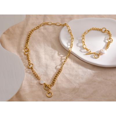 China Yhpup TRENDY PVD Gold Plated Handmade Metal Natural Pearl Stainless Steel Necklace Bracelet Chain Trendy Jewelry Set For Women 2022 New for sale