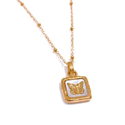 China Yhpup 2022 New Arrivals FASHION Gold Plated Stainless Steel Shell Necklace Square Butterfly Pendant Jewelry For Women for sale