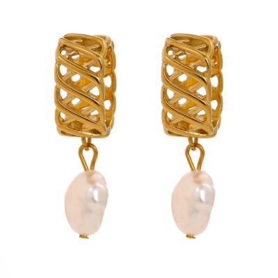 China Yhpup Trendy Fashion Stainless Steel Gold Geometric Natural Freshwater Pearl Earrings Stainless Steel Dangle Earrings 2022 for sale