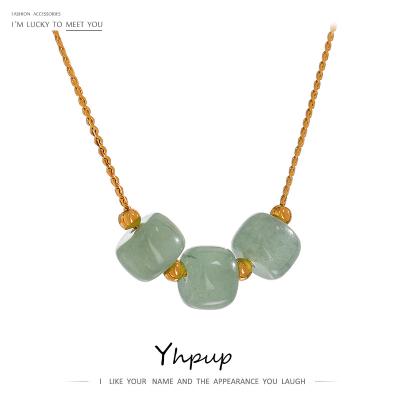 China Yhpup FASHIONABLE Stylish 18K Metal Necklace Stainless Steel Aventurine Gold Plated Green Pendant Necklace for sale