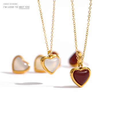 China Yhpup Heart FASHIONABLE Romantic Dangling Necklace Earrings Stainless Steel Natural Stone Agate Jewelry Set for sale