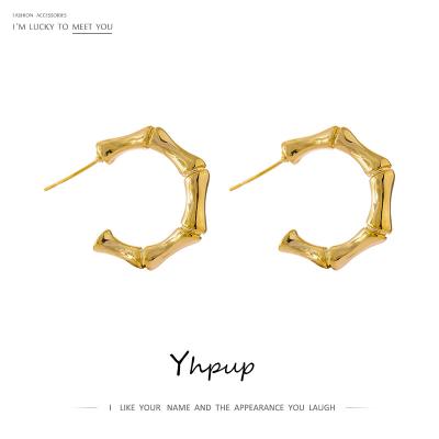 China Yhpup TRENDY 2021 Trendy Simple Summer Copper Women Earrings 14K Gold Plated Metal Circle Stud Geometric Bamboo Earrings For Women for sale