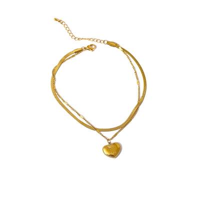 China Yhpup Fashion Trendy Metal Heart Layered Chain Anklet For Women Gold Color Stainless Steel Chain 18K Gold Plated Anklet for sale