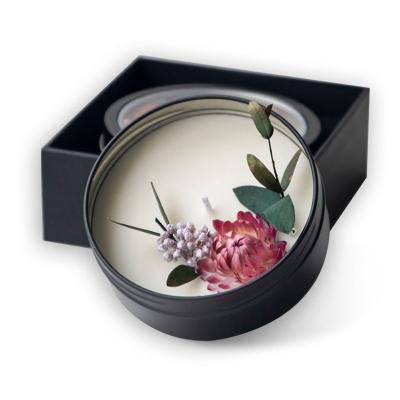 China Birthdays Amazon Tin Dry Flower Soy Wax Aluminum Luxury Scented Candles, Wholesale Custom Gift Tin Can Aromatherapy Candles Reusable for sale