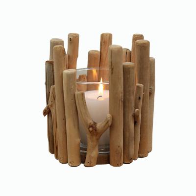 China Driftwood Classic Large Glass Cup Wooden Tea Light Candle Holder For Wedding Party Spa, Tall Wooden Led Candle Holders For Home Decor for sale