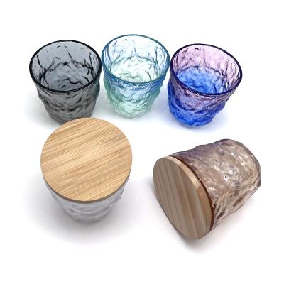 China Various type 10 oz gradient color empty glass jar luxury tall with wooden lid, glass candle holders lanterns candle jars with bamboo lid for sale