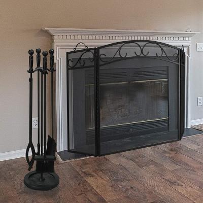 China Iron Fireplace Screen 3 Panel with Handles Wrought Iron Spark Guard Cover (Black) for sale