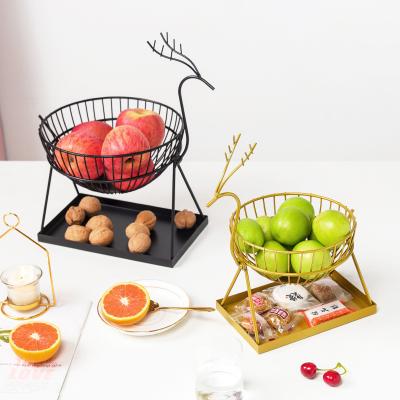 China Living Room Nordic Creative Living Room Decoration Furnishings Hollow Iron Double-Layer Fruit Tray Shape Deer Fruit Tray Hollow Iron Storage Rack for sale