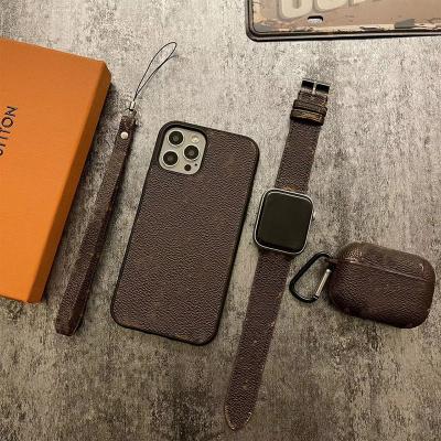 China Luxury high quality fashion brand leather phone case for xsmax phone12 11 xr 7 cover 8plus and for airpod case +watch unites a set of for sale