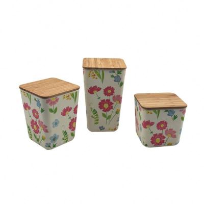 China Eco-friendly Decal Printed Bamboo Fiber Tea Coffee Beans and Square Canister with Bambo Lid and Silicone Wood Seal for sale