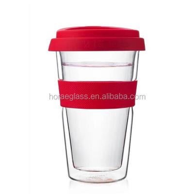 China 13oz Double Wall Glass Cup Eco-friendly Glass Tea Cup / Custom Double Wall Glassware Manufacturer With Silicon Wrap for sale