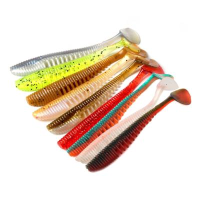 China PVC 11cm 5g In Soft Plastic Double Color T Fishing Tackle Tail Stock Soft Plastic Shad Worm Lure for sale