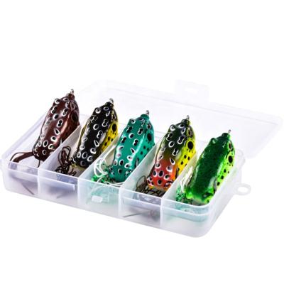 China 3D 5pcs eye topwater lure silicone cavity dark colorful bass body pop up soft frog lure set fishing box for sale