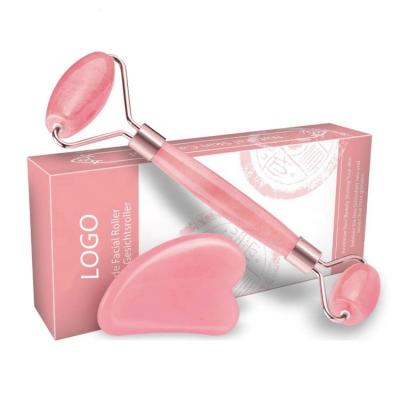 China Best Selling Face Lifting Best Selling Private Label Beauty Anti Aging Facial Tool Natural Stone Rose Quartz Gua Sha Jade Roller Set for sale