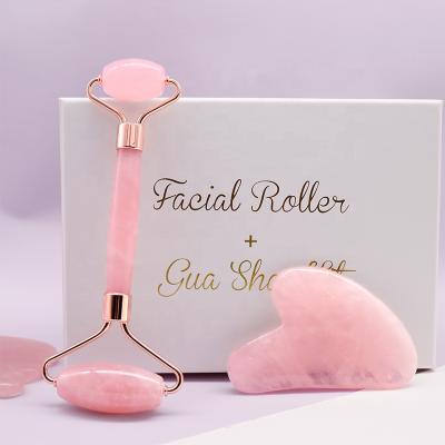 China Hot Selling Rose Marked Rose Quartz Gua Sha And Jade Face Roller Face OEM/Odm Private Label Skin Care Massage for sale