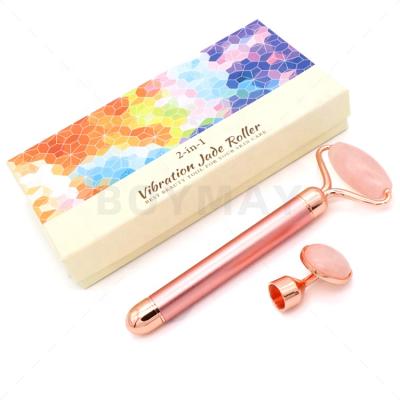 China Best High Quality Gold Facial Stick Rose Quartz Anti Aging T-shape 2 in 1 Vibrating Face Roller for sale