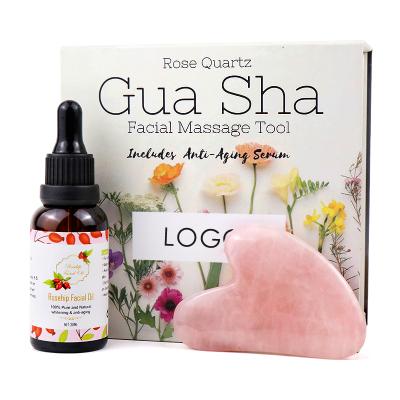 China Face Rosehip Oil And Rose Quartz Massage Gua Sha Stone Set For Facial Massage Tool for sale