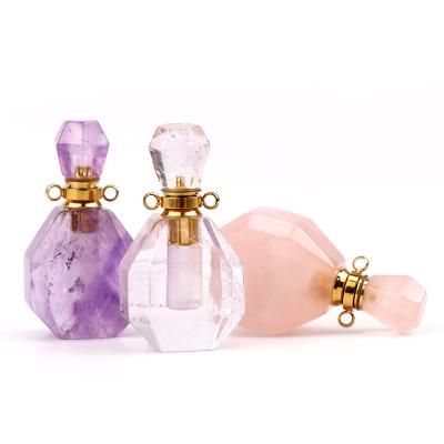 China art & Collectible Crystal Necklace Gemstone Perfume Bottle Mini Glass Luxury Oil Amethyst or Rose quartz necklace diffuser for women gifts 1 piece for sale