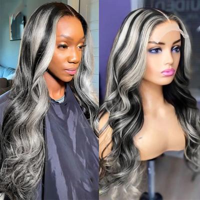 China Yaki Body Wave Hair For Gray Color Women Dark Root Hair Highlight Wigs Lace Front Wigs Silvery With Bangs for sale