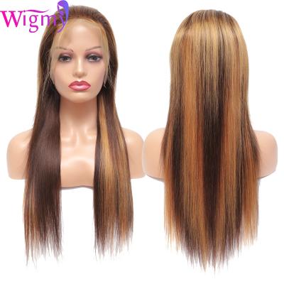 China Silky Straight Wave 150% Density Highlight Colored Women Pre Plucked Front Human Hair Wigs Ombre Remy Frontal Lace Wig For Black for sale