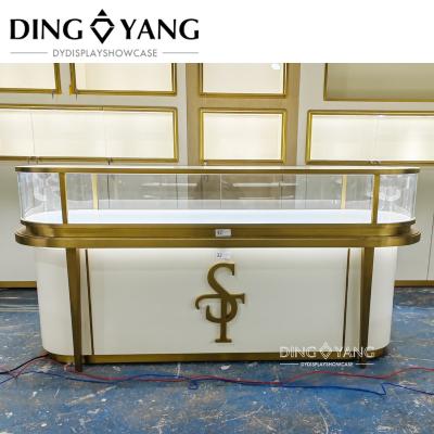 China Professional Jewellery Counter Showcase with Hairline Gold and Matte Beige Finish for sale