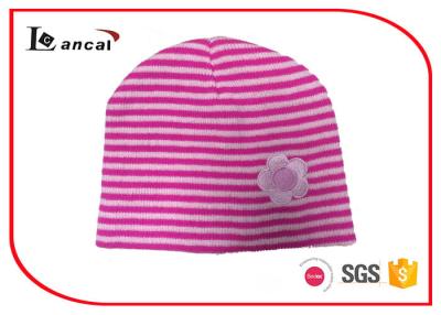 China Girls Stripe Winter Knit Hats , Rose Red And Pink Womens Knit Hat With Flower for sale