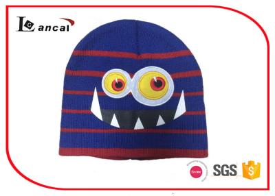 China Red Boys Winter Knit Hats , Monster Eyes Applique Blue Knit Beanie for sale