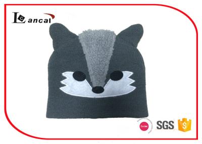 China Fox Shape Green Winter Knit Hats With Polar Fleece And Applique Emboridery for sale