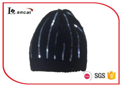 China Black Brushed Custom Winter Knit Hats Paillette Decoration For Ladies for sale