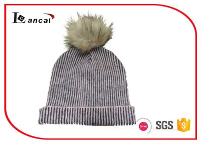 China Two Color Ribbed Mohair Acrylic Womens Knitted Beanie Hats With Faux Fur Pom for sale