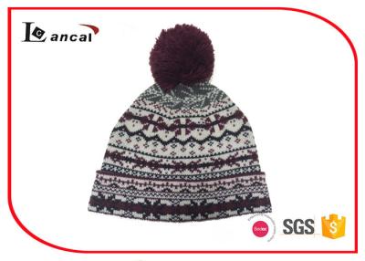 China No Line Jacquard Cuffed Winter Knit Hats With Pom , Burgundy Beanie Hat for sale