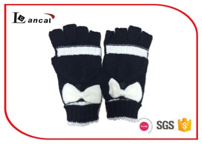 China Black And Cream Plain Fingerless Knit Winter Gloves Bowknot On The Top for sale