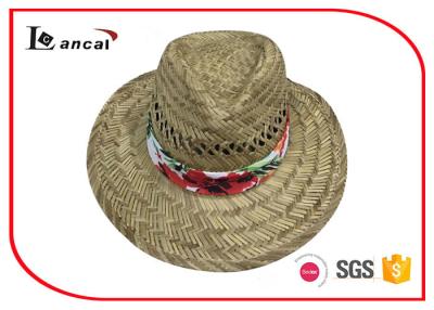 China Floral print band 100% straw fedora hats for women , hollowed out style for sale