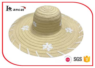 China Customized embroidery wide brim sun hat , womens straw floppy hat for sale