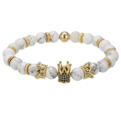 China 2021 Vintage Jewelry Gold Crown Bead Bangle White Volcanic Stone Bangle Mens Natural Stone Bracelet for sale