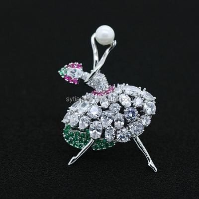 China Luxury Ballet Dancer Girl Brooch Cubic Zirconia Stone BRASS With Pearl Fancy Brooch Pin Korean Cute Gift For Women Girl Party for sale