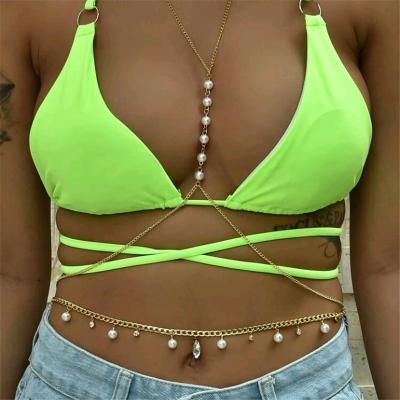 China Hyperbole Crystal Gemstone Waist Chain Popular Harness Crossover Bra Body Chain Belly Waist Bikini Beach Jewelry Beach Summer Popular for sale