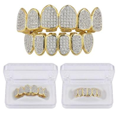 China Ethnic Hip Hop Grills Teeth Grillz Gold Color Plated Tooth Grillz High Quality Micro Pave CZ Top and Lower GRIL Mouth Teeth Grills Sets for sale