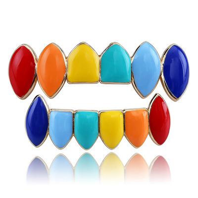 China Mens Hiphop Hip Hop Grillz Gold Exotic Frontier Punk Colorful Teeth Tops Lower Hitter Rainbow Teeth Grillz Hip Hop Dental Jewelry for sale