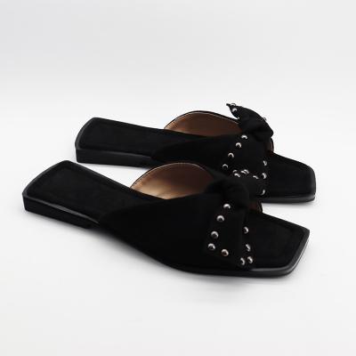 China Matte black bow studded square toe women shoes suppliers latest ladies slippers shoes and flat sandals women shoes for sale