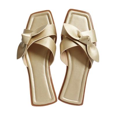 China High Quality Square Toe Ladies Shoes Sandals Gold Fashion Flat 2022 Summer Bow Women Sandals Shoes Summer Slides Flat Sandals for sale