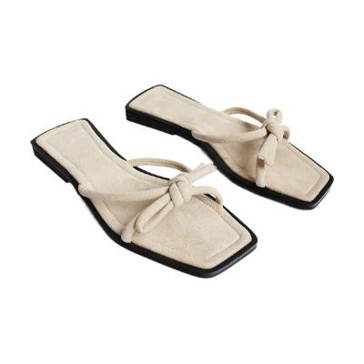 China Simple Square Flat Toe Women's Fashion Summer Shoes Flat Toe Sandals With Bow Ladies Flat Shoes Slips Mules for sale