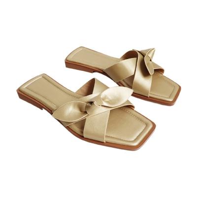 China Fashion trend gold square toe summer shoes with bow shoes lightweight women's flat sandals flat shoes for sale