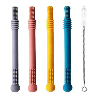 China Soft Toy Custom Shape Made Teether Straws For Baby Silicone Soft Cavity Teething Tubes Baby Soothing Teether Toy With Cleaning Brush for sale